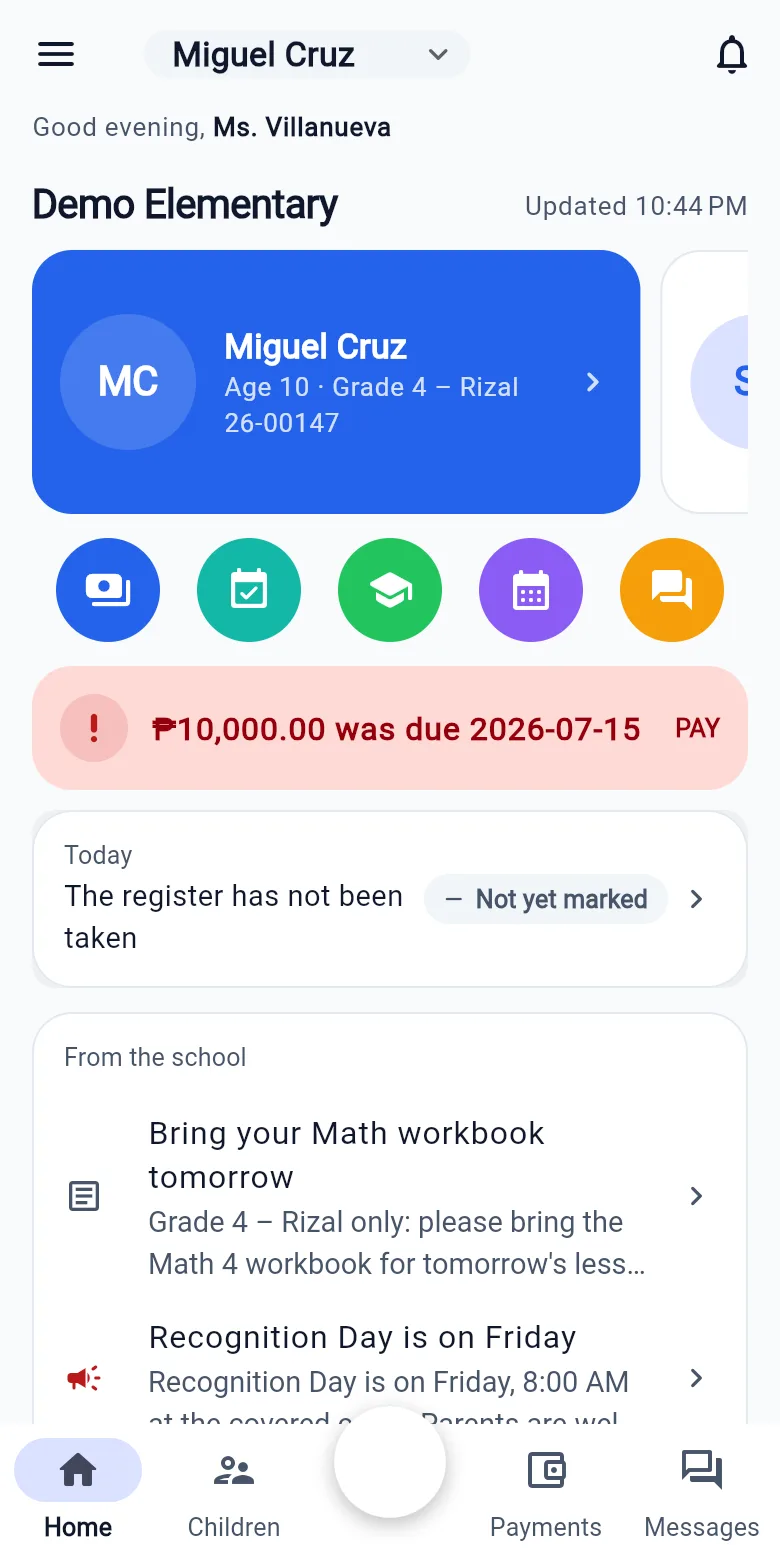 The ParentLINK parent app, showing a child&rsquo;s home screen