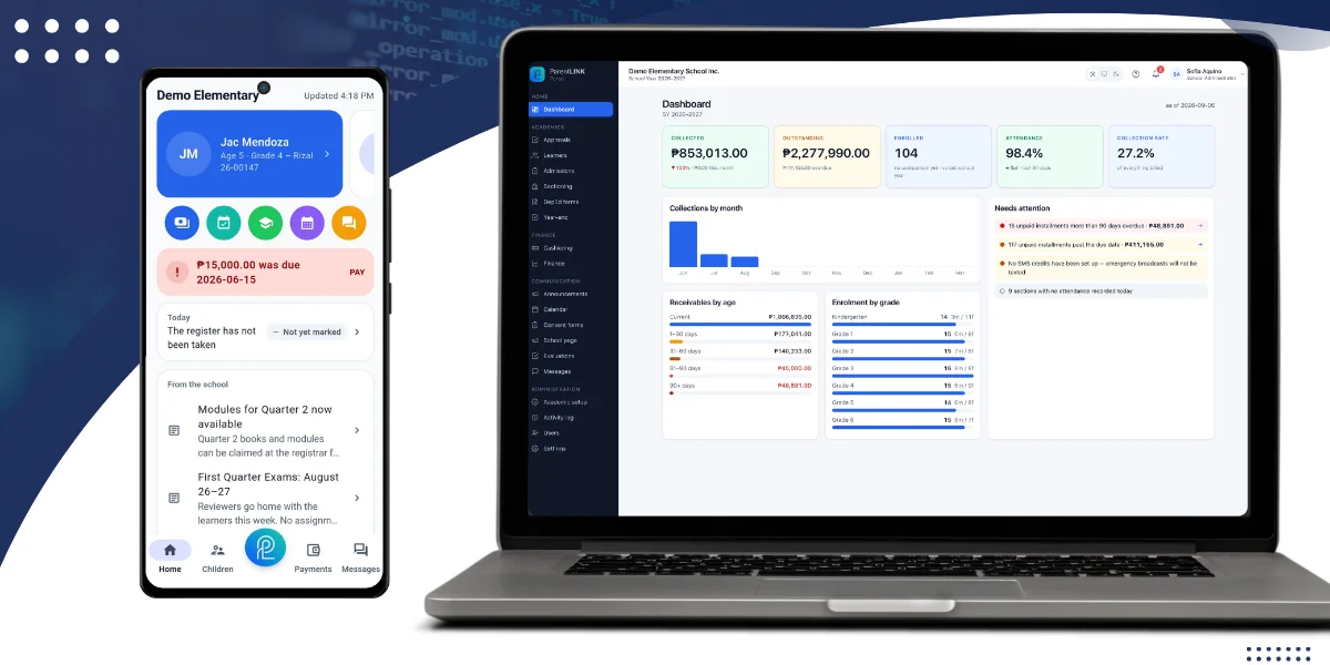 The ParentLINK dashboard showing announcements, attendance and grades.